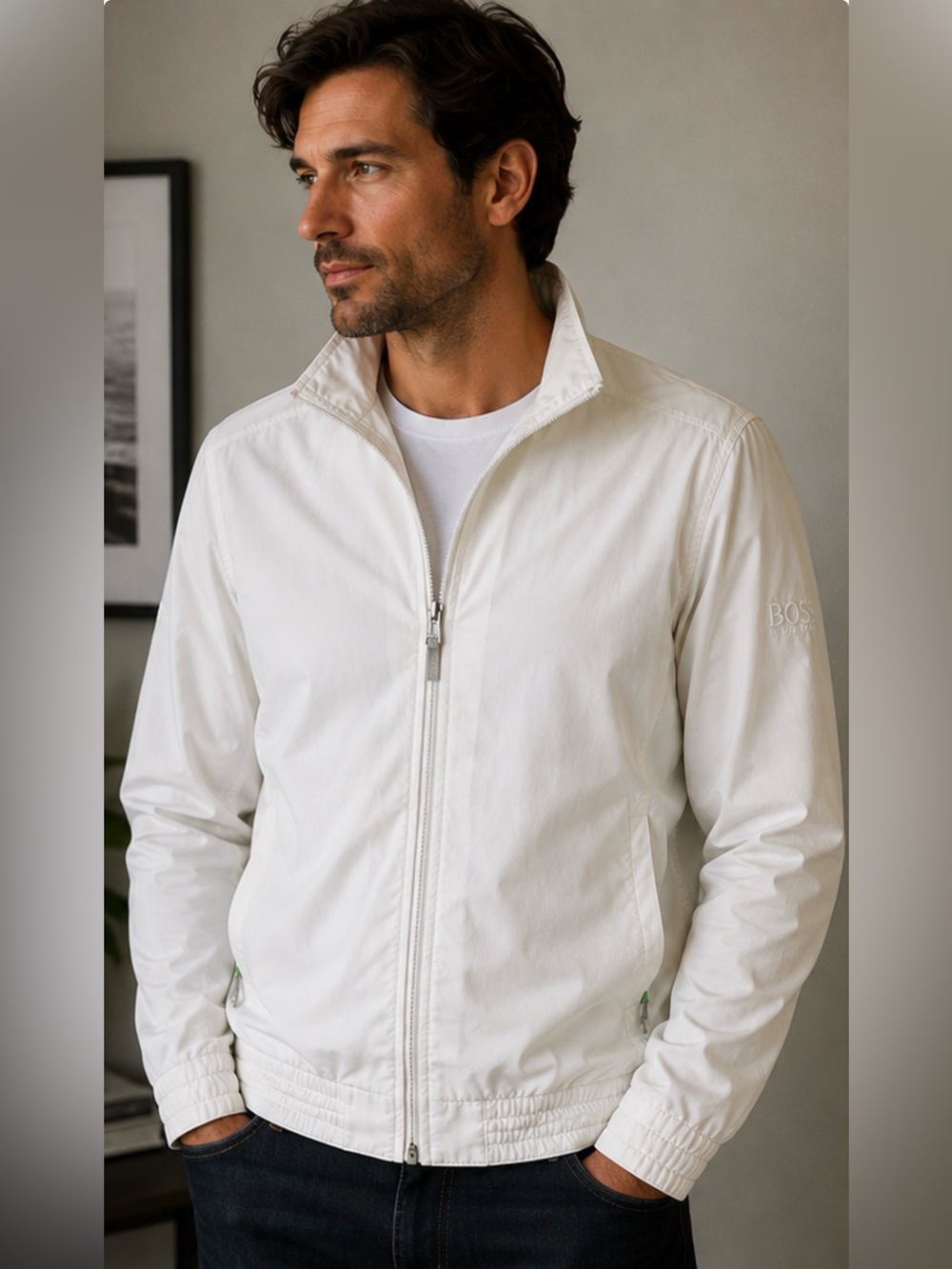 Boss White Lightweight Zip-Front Men's Jacket